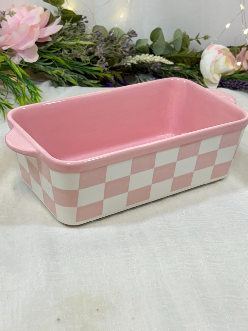 Pink and White Checkered Ceramic Loaf Pan Rectangular Baking Dish Courtly Check